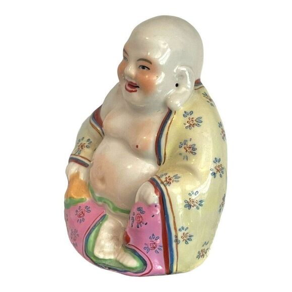 Chinese Famille Rose Porcelain Happy Laughing Buddha Figurine 3.5" Miniature - Picture 3 of 7
